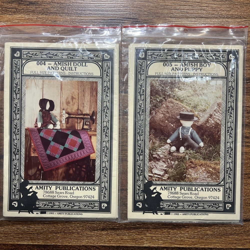 1983 Amity Publications #004 & #005 AMISH DOLL & QUILT, BOY & PUPPY Patterns